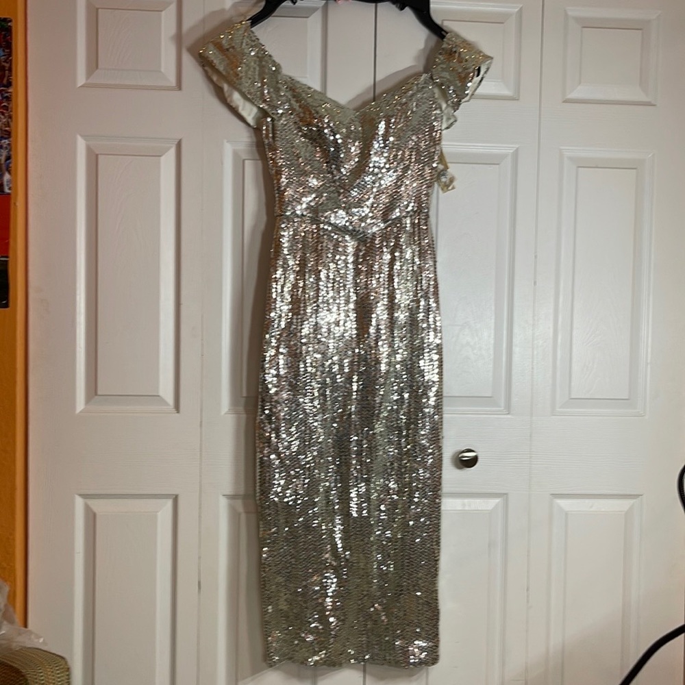 Alyce Designs couture evening sequined evening gown vintage 1980 silver